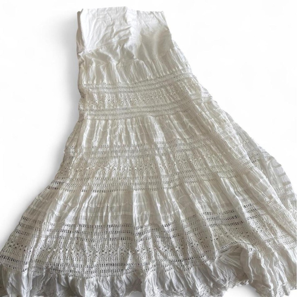 Now & Then White Crochet Lace Tiered Maxi Skirt Boho
